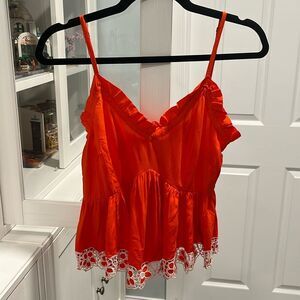 CLEOBELLA Red Peplum Ruffle Neckline, White Floral Trimmed Tank Top, Size XS